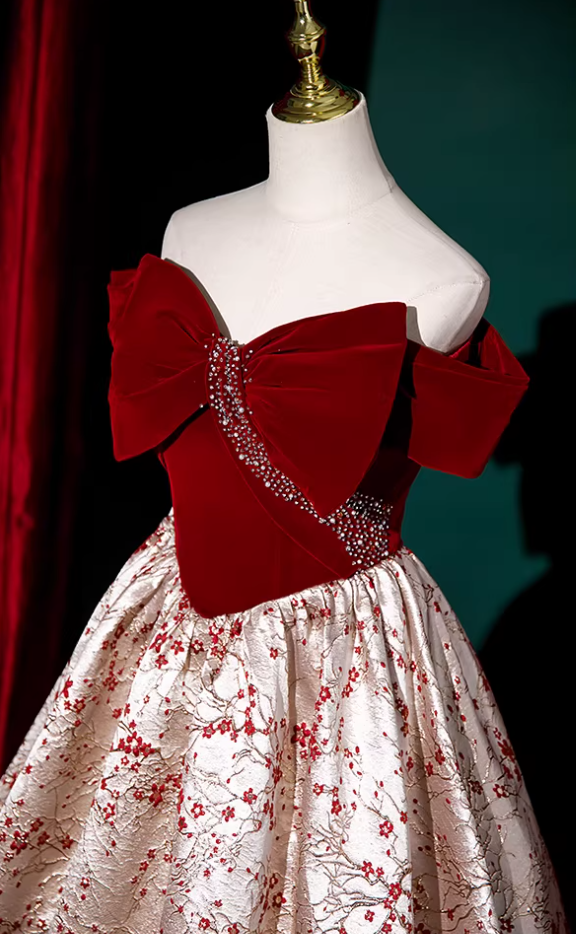 Fashionable A-Line Off-Shoulder Evening Gowns Velvet Bow Sequins Jacquard Prom Dress AP5862