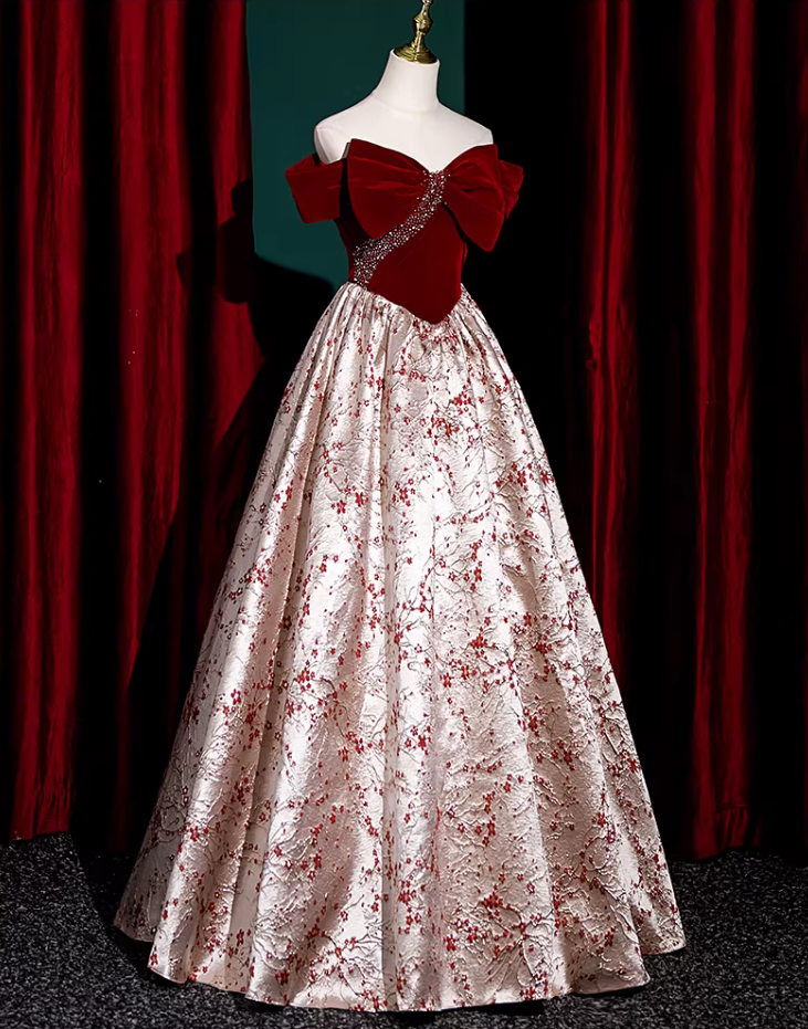 Fashionable A-Line Off-Shoulder Evening Gowns Velvet Bow Sequins Jacquard Prom Dress AP5862