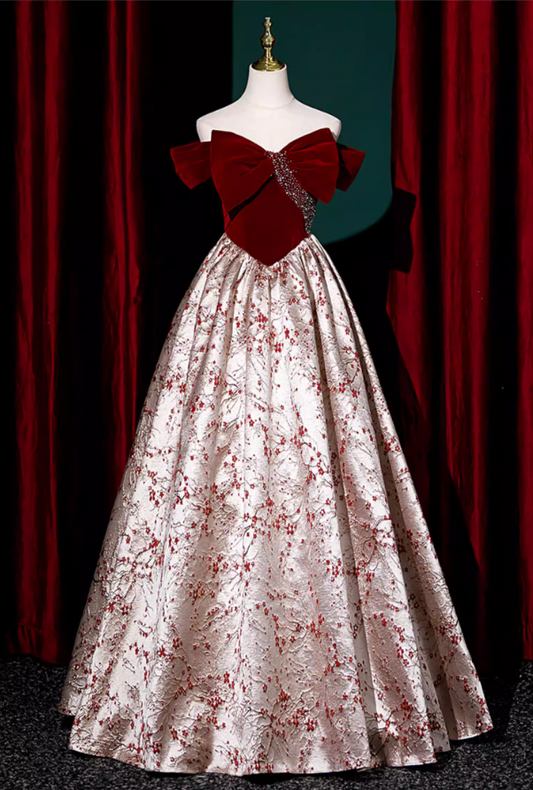 Fashionable A-Line Off-Shoulder Evening Gowns Velvet Bow Sequins Jacquard Prom Dress AP5862
