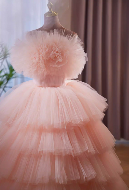 French Style A-Line Strapless Pink Evening Gowns Handmade Flowers Tiered Tulle Prom Dress AP5863