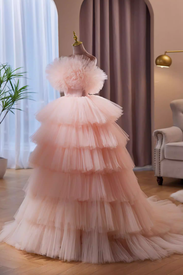 French Style A-Line Strapless Pink Evening Gowns Handmade Flowers Tiered Tulle Prom Dress AP5863