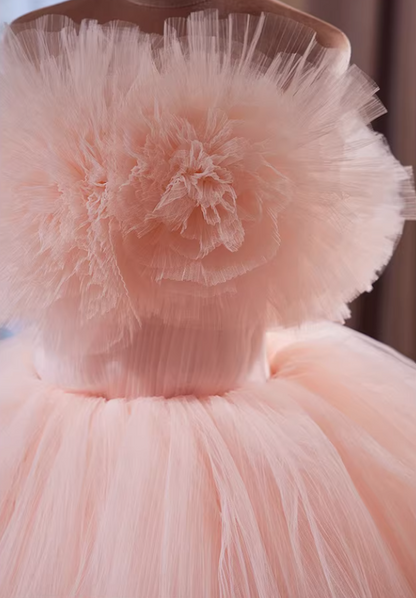 French Style A-Line Strapless Pink Evening Gowns Handmade Flowers Tiered Tulle Prom Dress AP5863