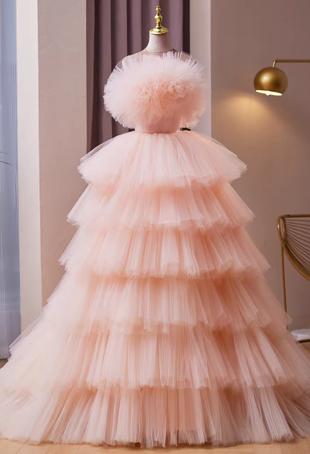 French Style A-Line Strapless Pink Evening Gowns Handmade Flowers Tiered Tulle Prom Dress AP5863