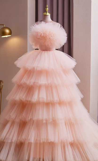 French Style A-Line Strapless Pink Evening Gowns Handmade Flowers Tiered Tulle Prom Dress AP5863