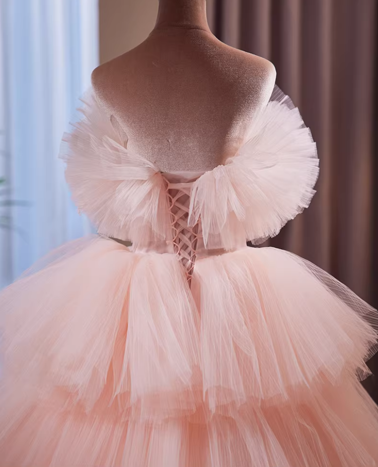 French Style A-Line Strapless Pink Evening Gowns Handmade Flowers Tiered Tulle Prom Dress AP5863