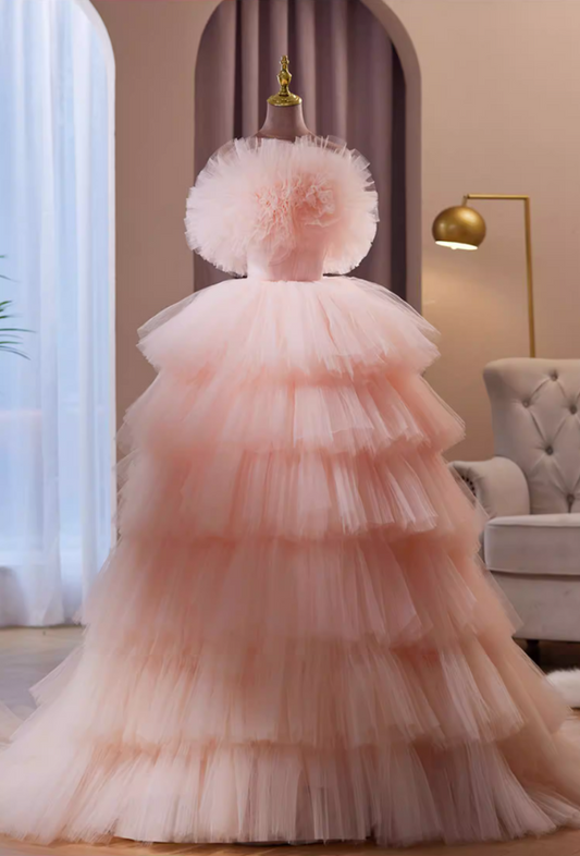 French Style A-Line Strapless Pink Evening Gowns Handmade Flowers Tiered Tulle Prom Dress AP5863
