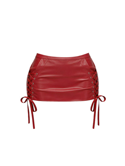 Minimalist Strapless Corset Lace-Up Bodycon Mini Skirt Sexy Red Faux Leather Two-Piece Set Short Dress AP5865