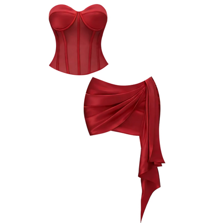 Simple Red Strapless Corset Draped Satin Bodycon Mini Skirt Chic 2-Piece Sheer Mesh Panels Asymmetric Hem Short Dress AP5866