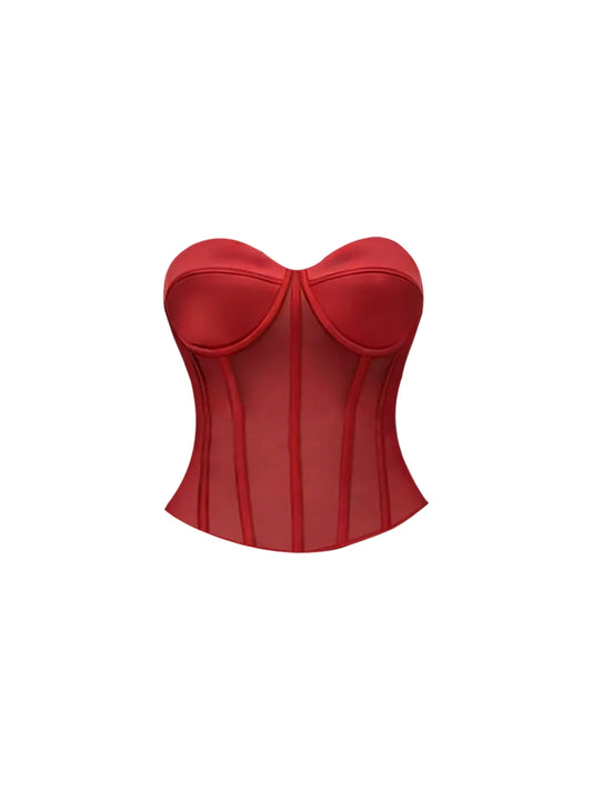 Simple Red Strapless Corset Draped Satin Bodycon Mini Skirt Chic 2-Piece Sheer Mesh Panels Asymmetric Hem Short Dress AP5866