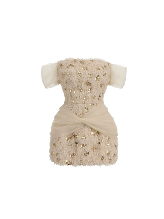 Charming Tulle Bow Straps Twist Waist Bodycon Mini Skirt Vogue Champagne Fuzzy Sequin Short Dress AP5867