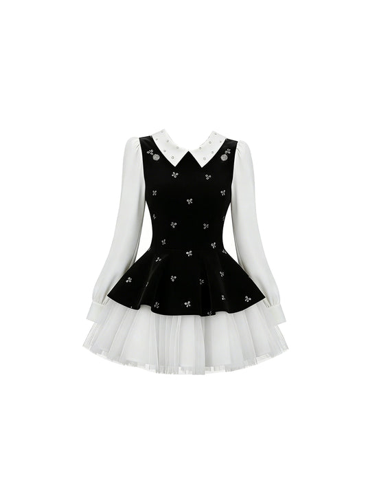 Playful Rhinestone Detail A-Line Long Sleeve Mini Skirt Preppy Contrast Collar Tulle Ruffle Hem Short Dress AP5872