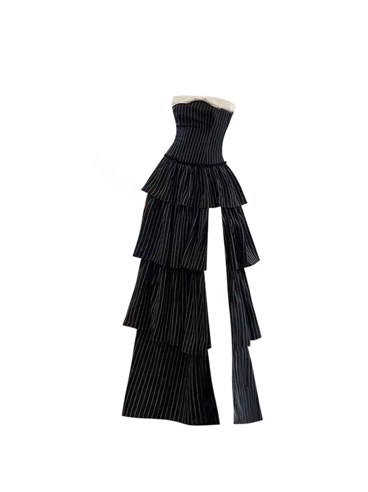 Flowy Layered Ruffle A-Line High-Slit Maxi Dresses Vintage Black & White Pinstripe Strapless Long Dress AP5873