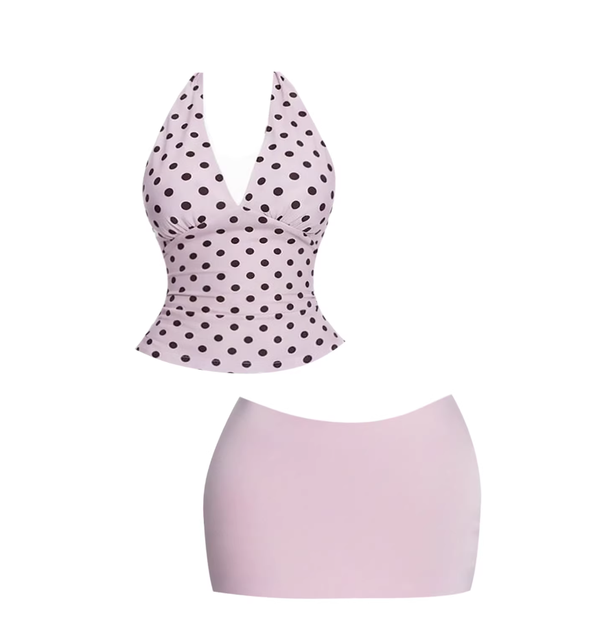 Dopamine Style Pink Polka Dot Halter Top Bodycon Mini Dress Y2K Style 2-Piece Outfit Short Dress AP5874