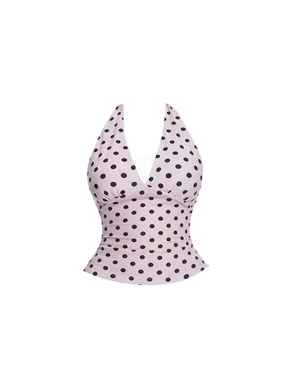 Dopamine Style Pink Polka Dot Halter Top Bodycon Mini Dress Y2K Style 2-Piece Outfit Short Dress AP5874