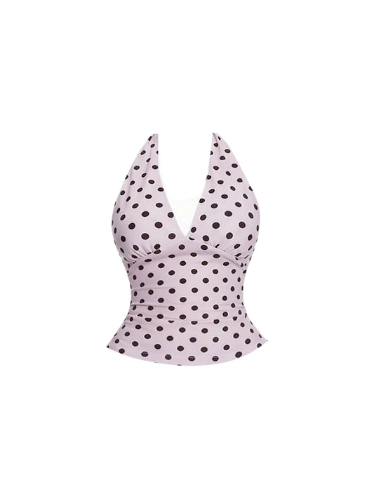 Dopamine Style Pink Polka Dot Halter Top Bodycon Mini Dress Y2K Style 2-Piece Outfit Short Dress AP5874