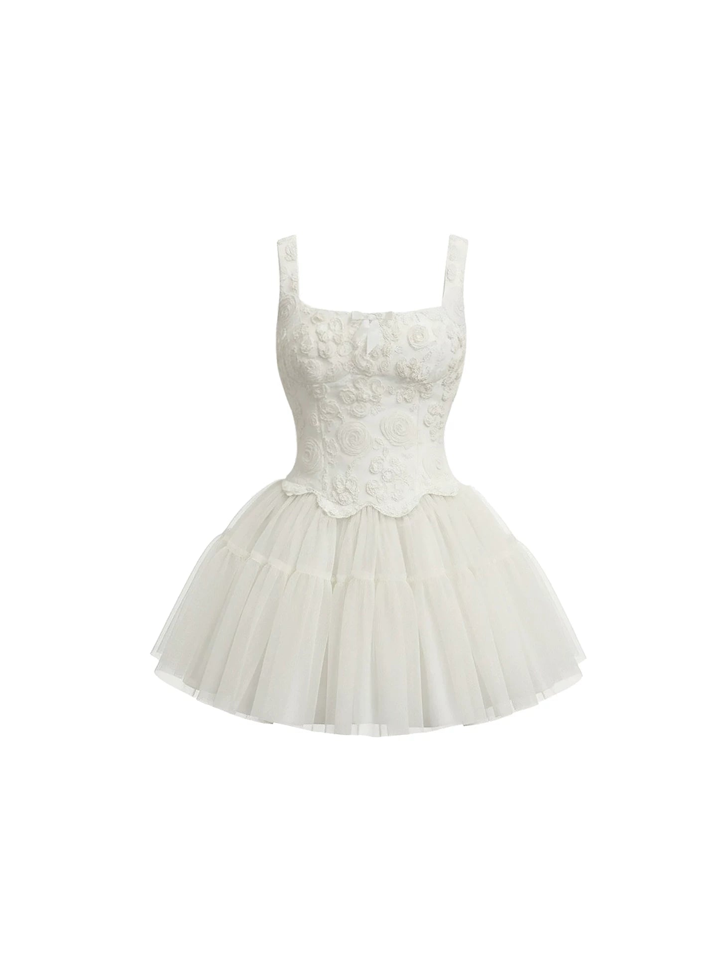 Stylish Spaghetti Strap Tulle A-Line Mini Skirt Elegant White 3D Rose Detail Corset Short Dress AP5875