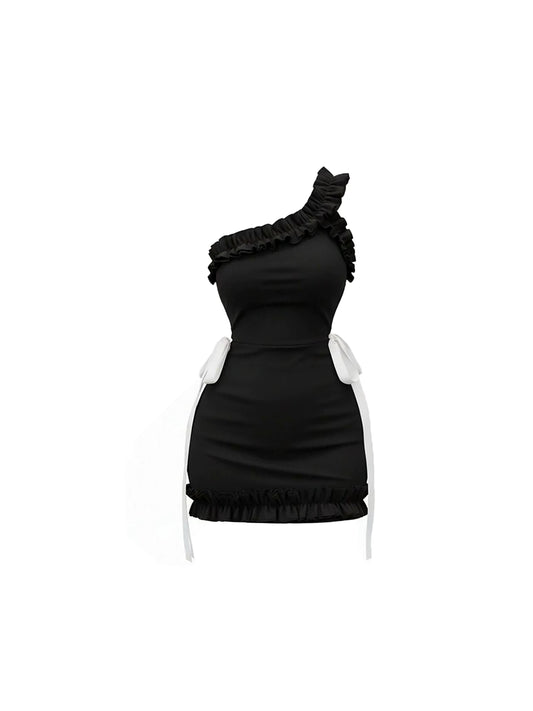 Fitted White Bow Ties for Y2K Bodycon Mini Skirt Chic Black One-Shoulder Ruffled Short Dress AP5876