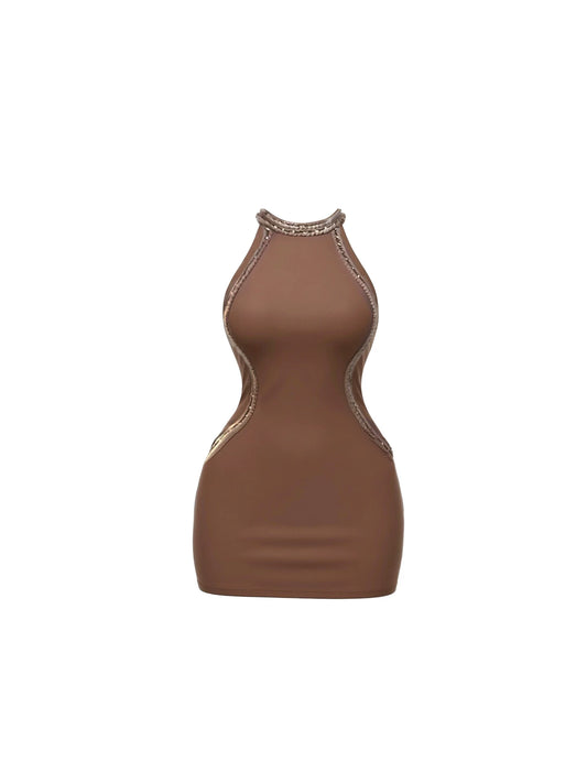 Flattering Contrast Stitching Trim Night Out Mini Dress Classical Brown Halter Neck Bodycon Halter Short Dress AP5877