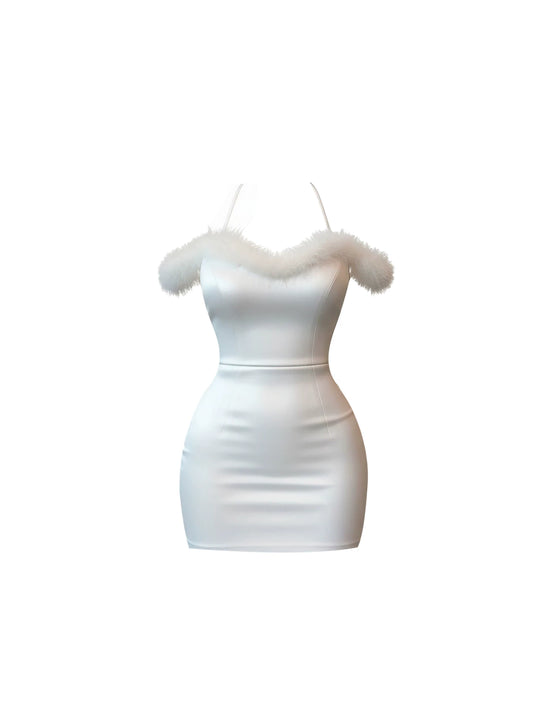 Trendy Faux Fur Trim Bodycon Mini Dress Charming White Halter Neck Party Looks Short Dress AP5878