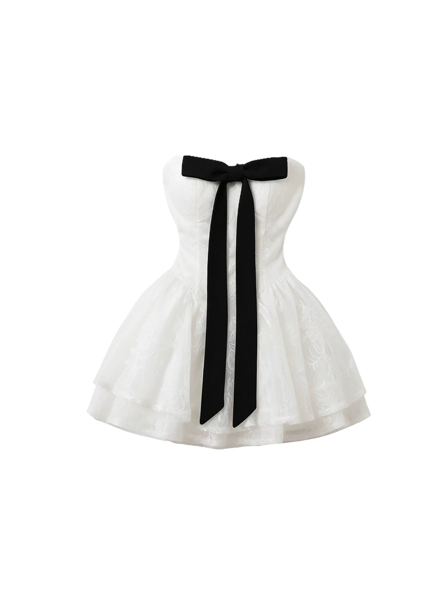Sexy White Strapless Lace Ruffled Mini Skirt Sweet Oversized Black Bow A-Line Short Dress AP5880