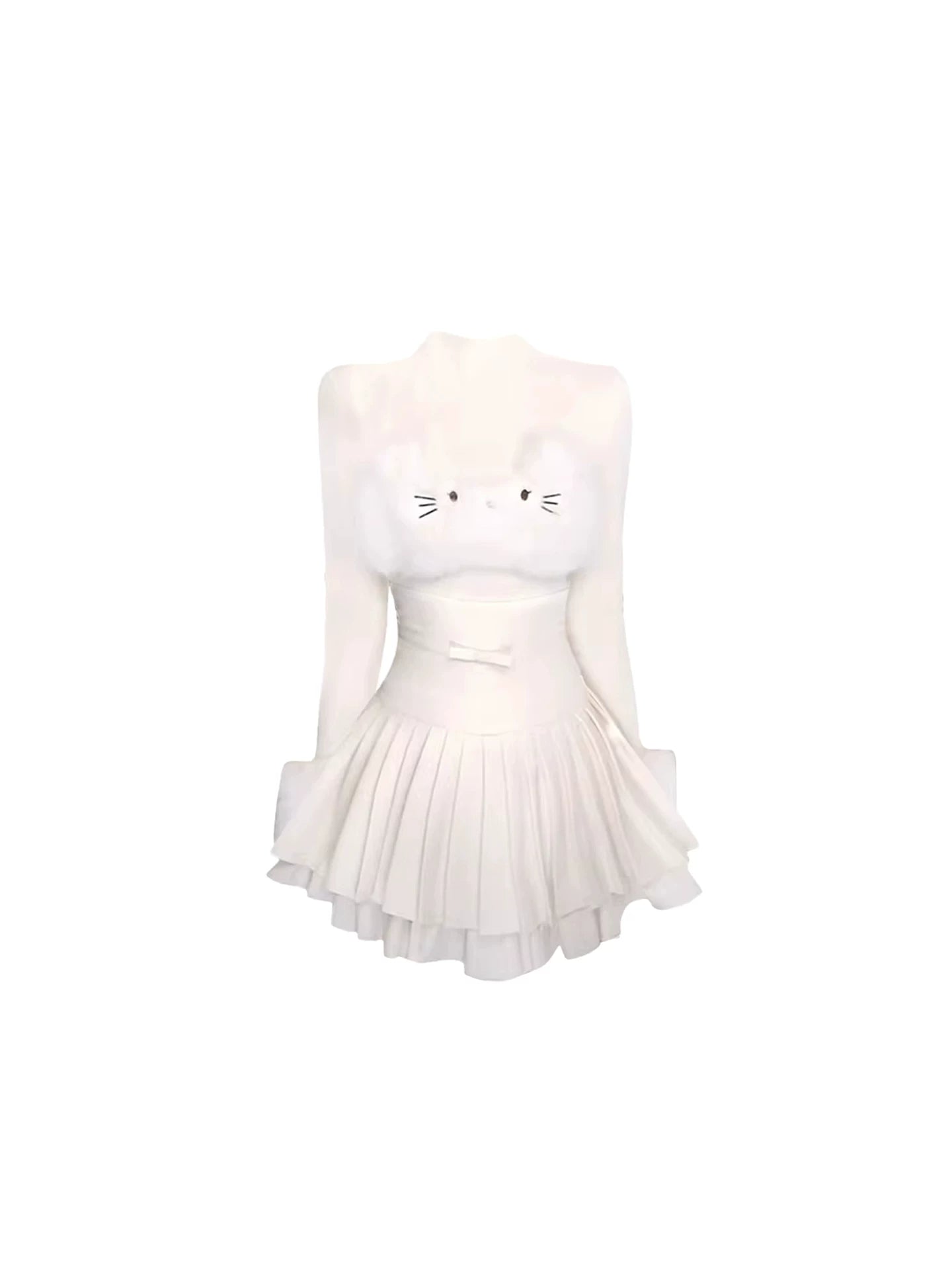 Vogue High Collar A-Line Long Sleeve Pleated Mini Skirt Cute White Fuzzy Cat Face Y2K Style Flared Short Dress AP5881