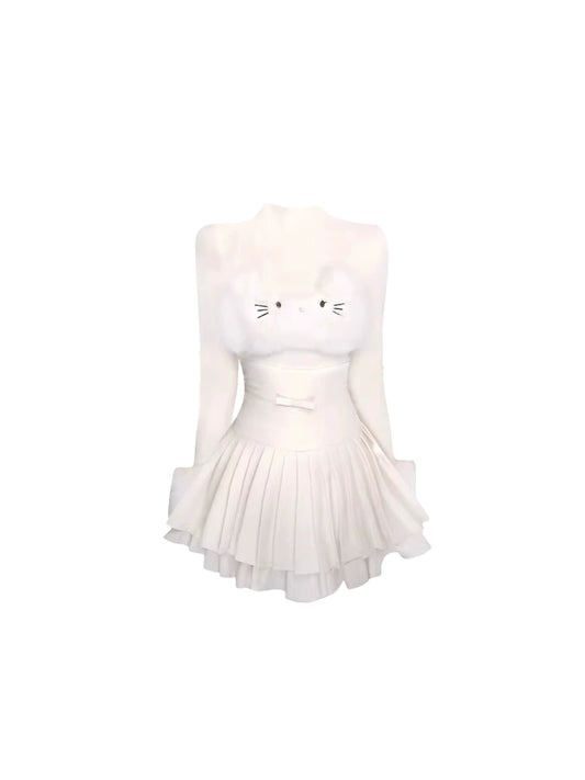 Vogue High Collar A-Line Long Sleeve Pleated Mini Skirt Cute White Fuzzy Cat Face Y2K Style Flared Short Dress AP5881