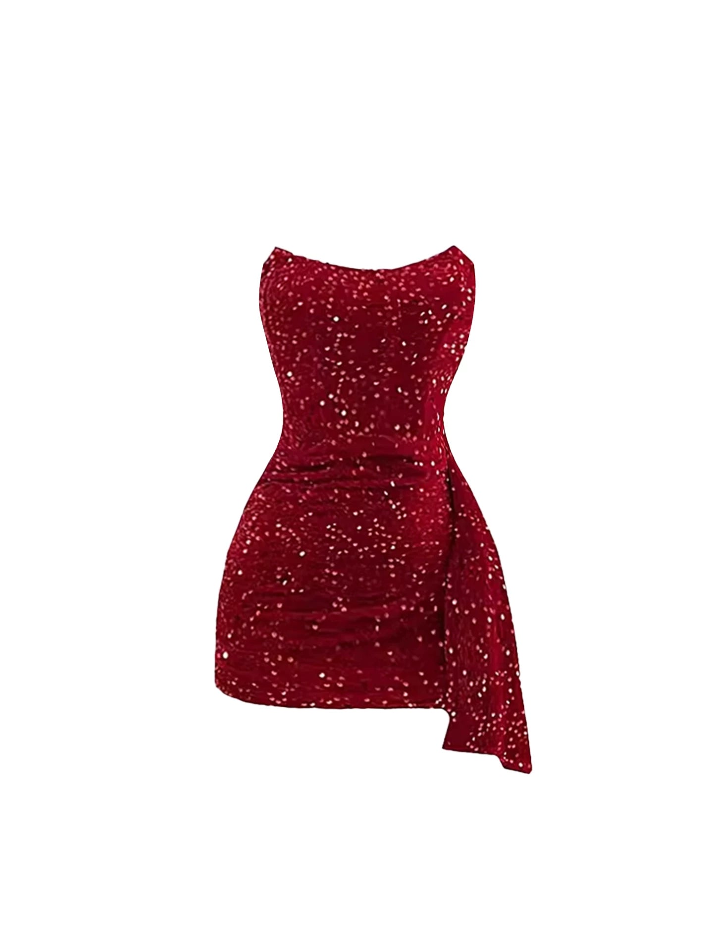 Glittering Ruched Detail Asymmetric Drape Bodycon Mini Skirt Sexy Red Sequin Strapless Short Dress AP5882