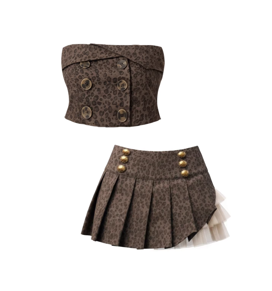 Modern Brown Leopard Print Tulle Trim A-Line Mini Skirt Hottie Strapless Top Gold Buttons Pleated Short Dress AP5883