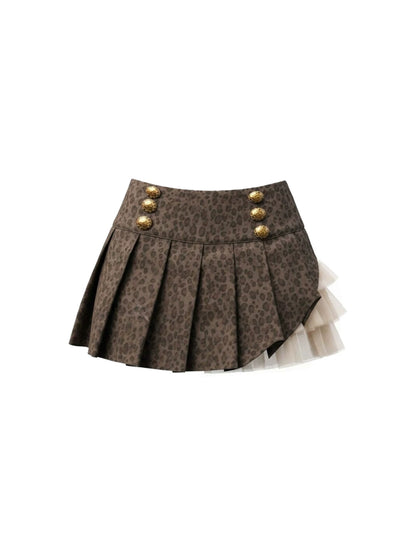 Modern Brown Leopard Print Tulle Trim A-Line Mini Skirt Hottie Strapless Top Gold Buttons Pleated Short Dress AP5883