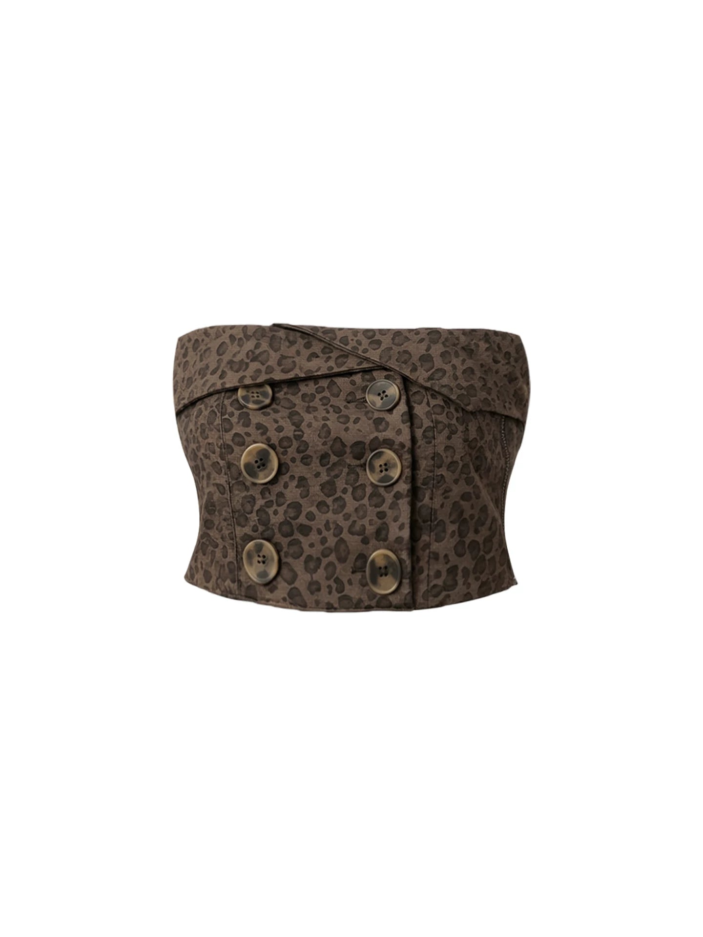 Modern Brown Leopard Print Tulle Trim A-Line Mini Skirt Hottie Strapless Top Gold Buttons Pleated Short Dress AP5883