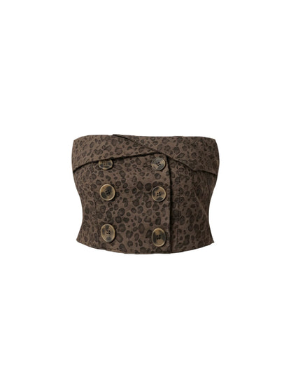 Modern Brown Leopard Print Tulle Trim A-Line Mini Skirt Hottie Strapless Top Gold Buttons Pleated Short Dress AP5883