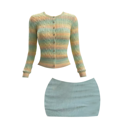 Dopamine Style Stripe Cable Knit Sweater Bodycon Mini Skirt Fashion Pastel Gradient & Light Blue Jewel Neck Two-Piece Set Short Dress AP5884