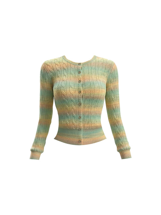 Dopamine Style Stripe Cable Knit Sweater Bodycon Mini Skirt Fashion Pastel Gradient & Light Blue Jewel Neck Two-Piece Set Short Dress AP5884