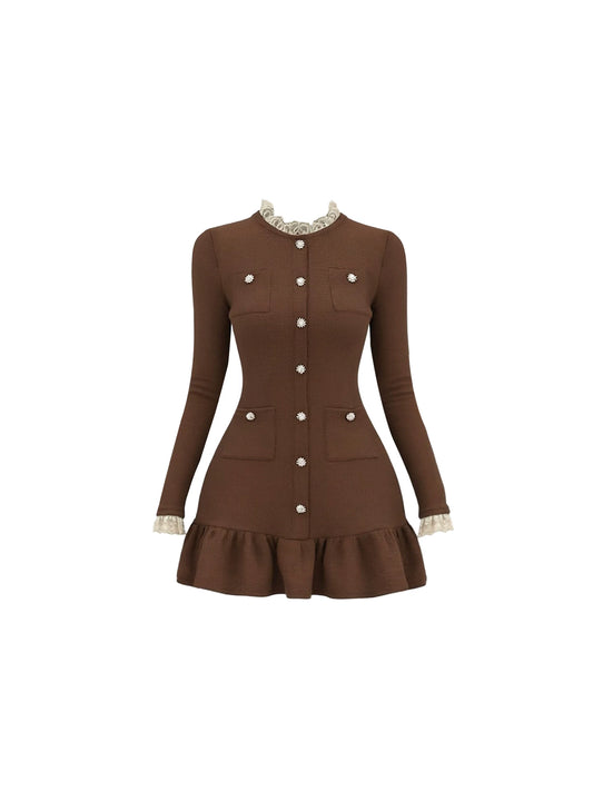 Pretty Jewel Neck A-Line Long Sleeve Ruffled Mini Skirt Retro Brown Knit Lace Trim Rhinestone Buttons Short Dress AP5885