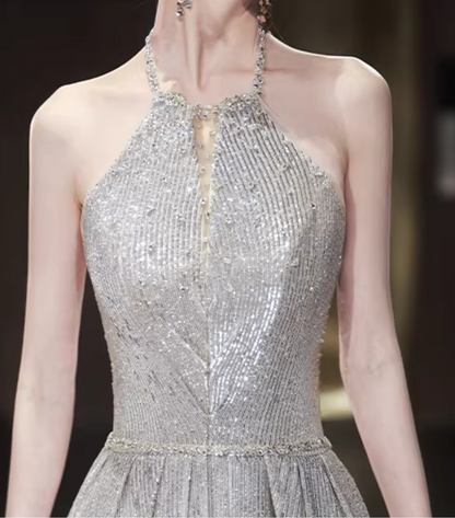 Princess Cutout Halter Neck A-Line Sweet 16 Gowns Beading Sequins Prom Dress AP5886