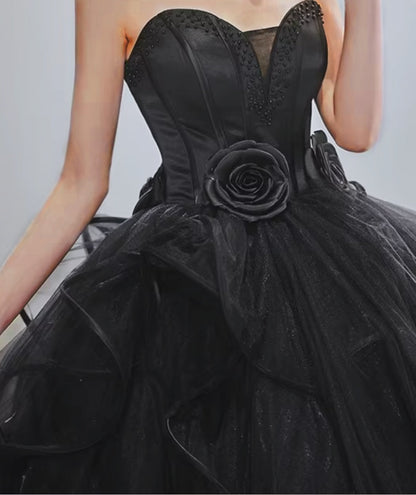 Maximalism Strapless A-Line Ruffles Tulle Sweet 16th Gowns Beads Handmade Flowers Black Prom Dress AP5887