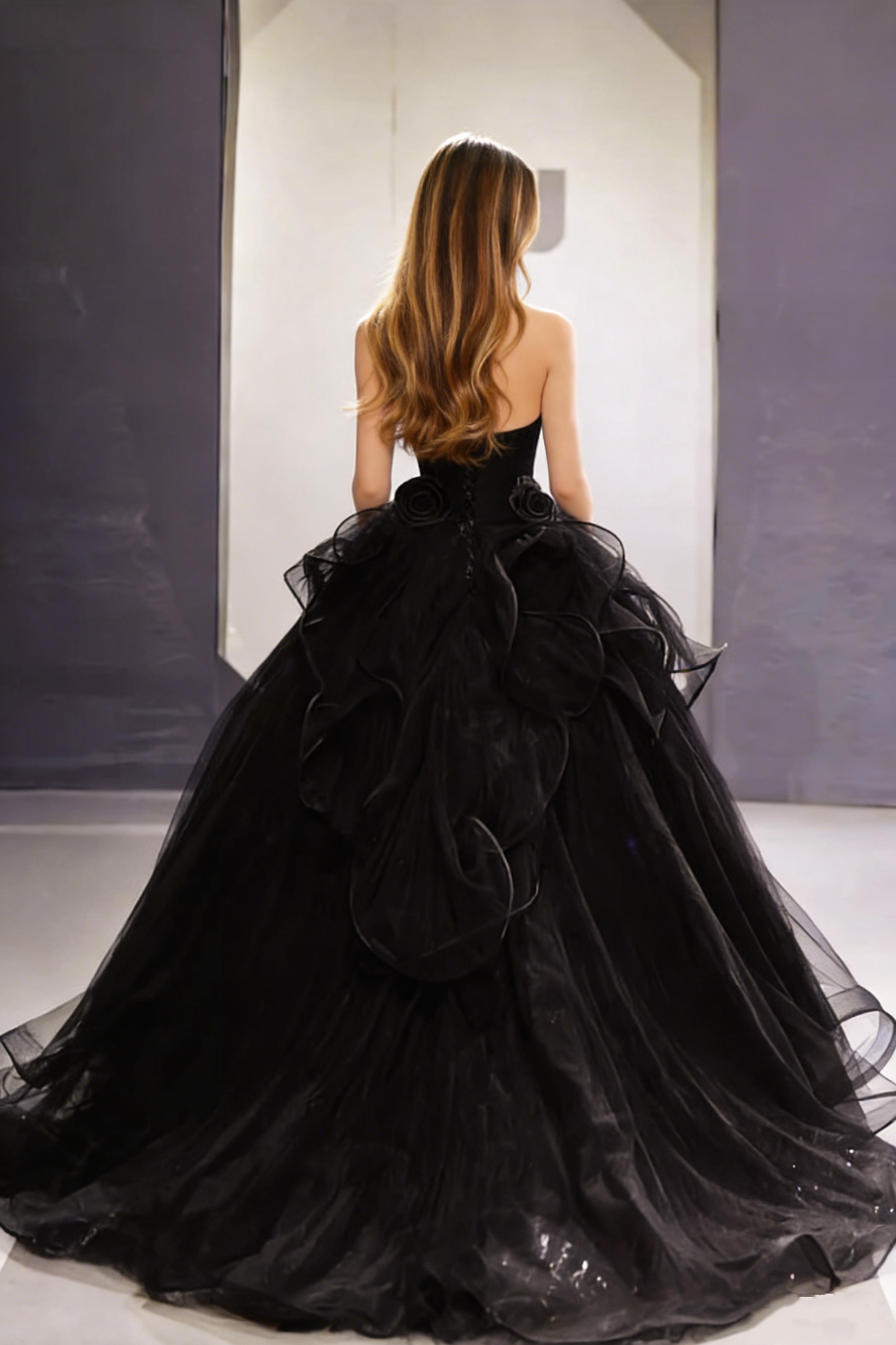 Maximalism Strapless A-Line Ruffles Tulle Sweet 16th Gowns Beads Handmade Flowers Black Prom Dress AP5887