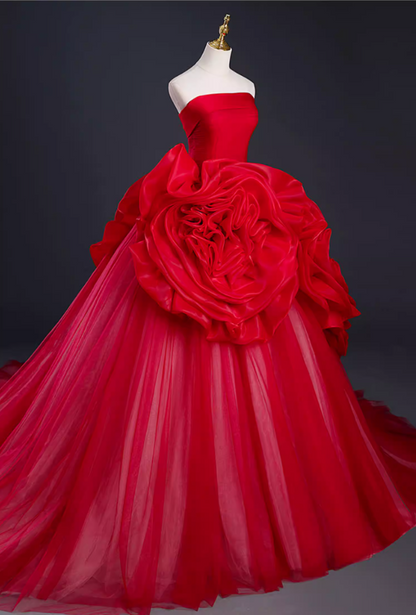 Fancy Strapless A-Line Sweet 16th Gowns Red Handmade Flowers Prom Dress AP5888