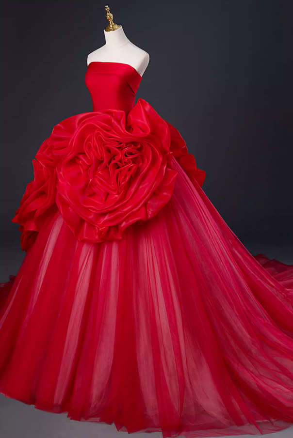 Fancy Strapless A-Line Sweet 16th Gowns Red Handmade Flowers Prom Dress AP5888