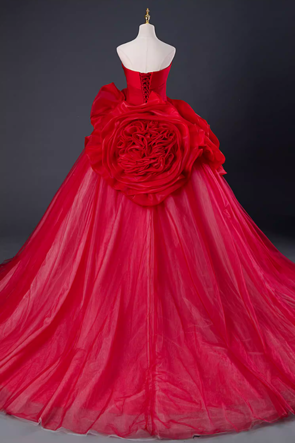 Fancy Strapless A-Line Sweet 16th Gowns Red Handmade Flowers Prom Dress AP5888