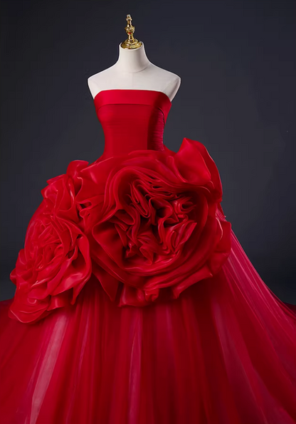Fancy Strapless A-Line Sweet 16th Gowns Red Handmade Flowers Prom Dress AP5888
