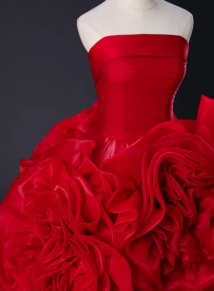 Fancy Strapless A-Line Sweet 16th Gowns Red Handmade Flowers Prom Dress AP5888