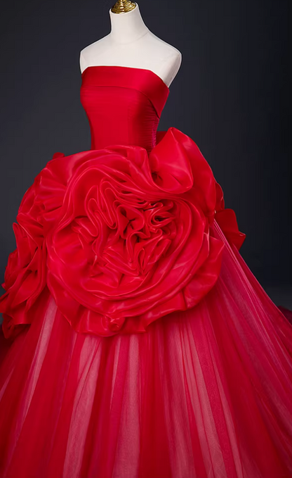 Fancy Strapless A-Line Sweet 16th Gowns Red Handmade Flowers Prom Dress AP5888