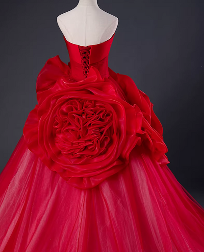 Fancy Strapless A-Line Sweet 16th Gowns Red Handmade Flowers Prom Dress AP5888