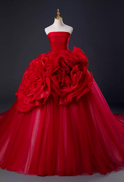 Fancy Strapless A-Line Sweet 16th Gowns Red Handmade Flowers Prom Dress AP5888