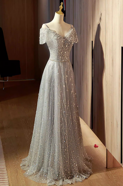 Hot Girls A-Line Off-Shoulder Evening Gowns Glittering Sequins Beads Prom Dress AP5890