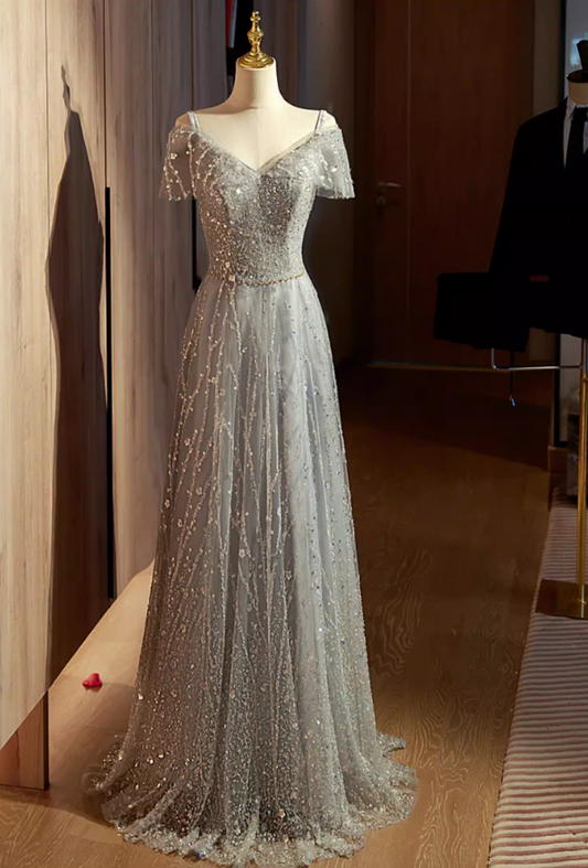 Hot Girls A-Line Off-Shoulder Evening Gowns Glittering Sequins Beads Prom Dress AP5890