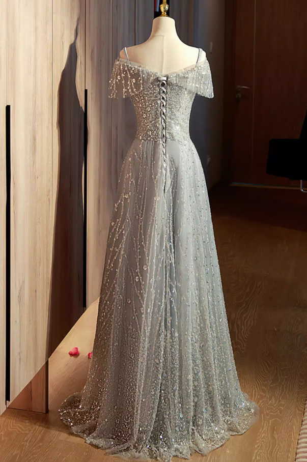 Hot Girls A-Line Off-Shoulder Evening Gowns Glittering Sequins Beads Prom Dress AP5890