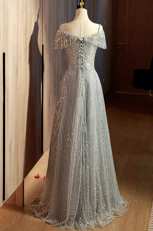 Hot Girls A-Line Off-Shoulder Evening Gowns Glittering Sequins Beads Prom Dress AP5890