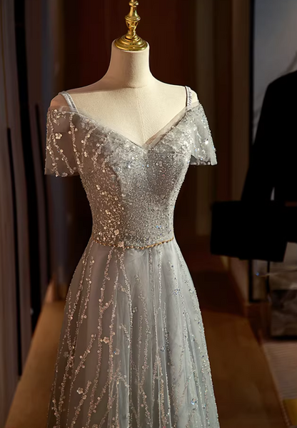 Hot Girls A-Line Off-Shoulder Evening Gowns Glittering Sequins Beads Prom Dress AP5890